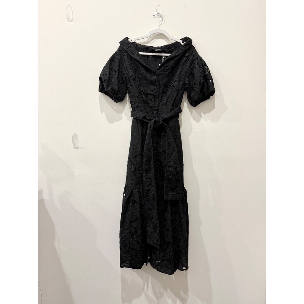 Padova Eyelet Puff Sleeve Off Shoulder Maxi Dress with Belt Black Women's Size S